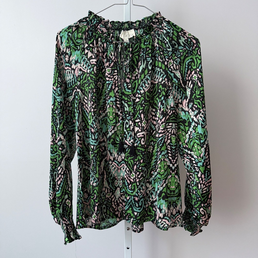 PINCH‎ sz S Boho Abstract Print Tie Neck Ruffle Blouse Green office siren career